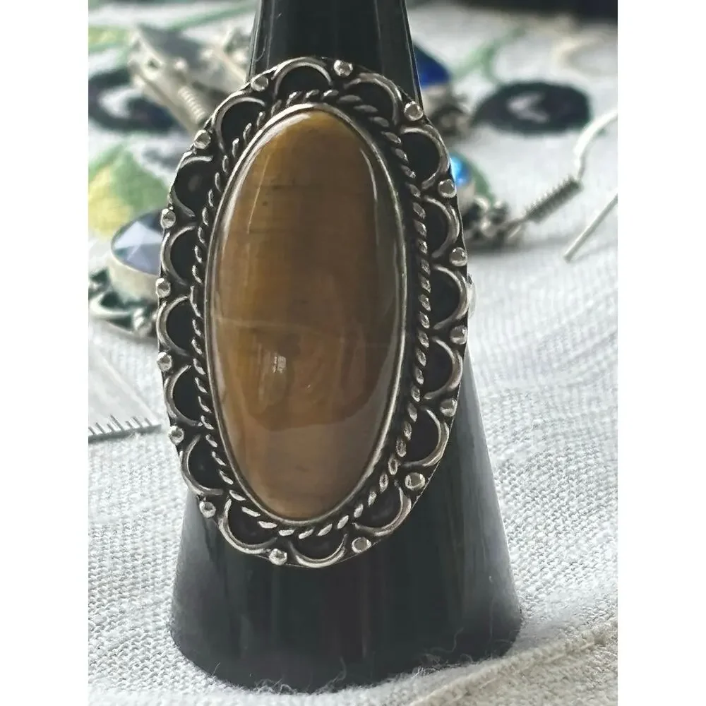 Silver Oval Tiger Eye Ring Size 8